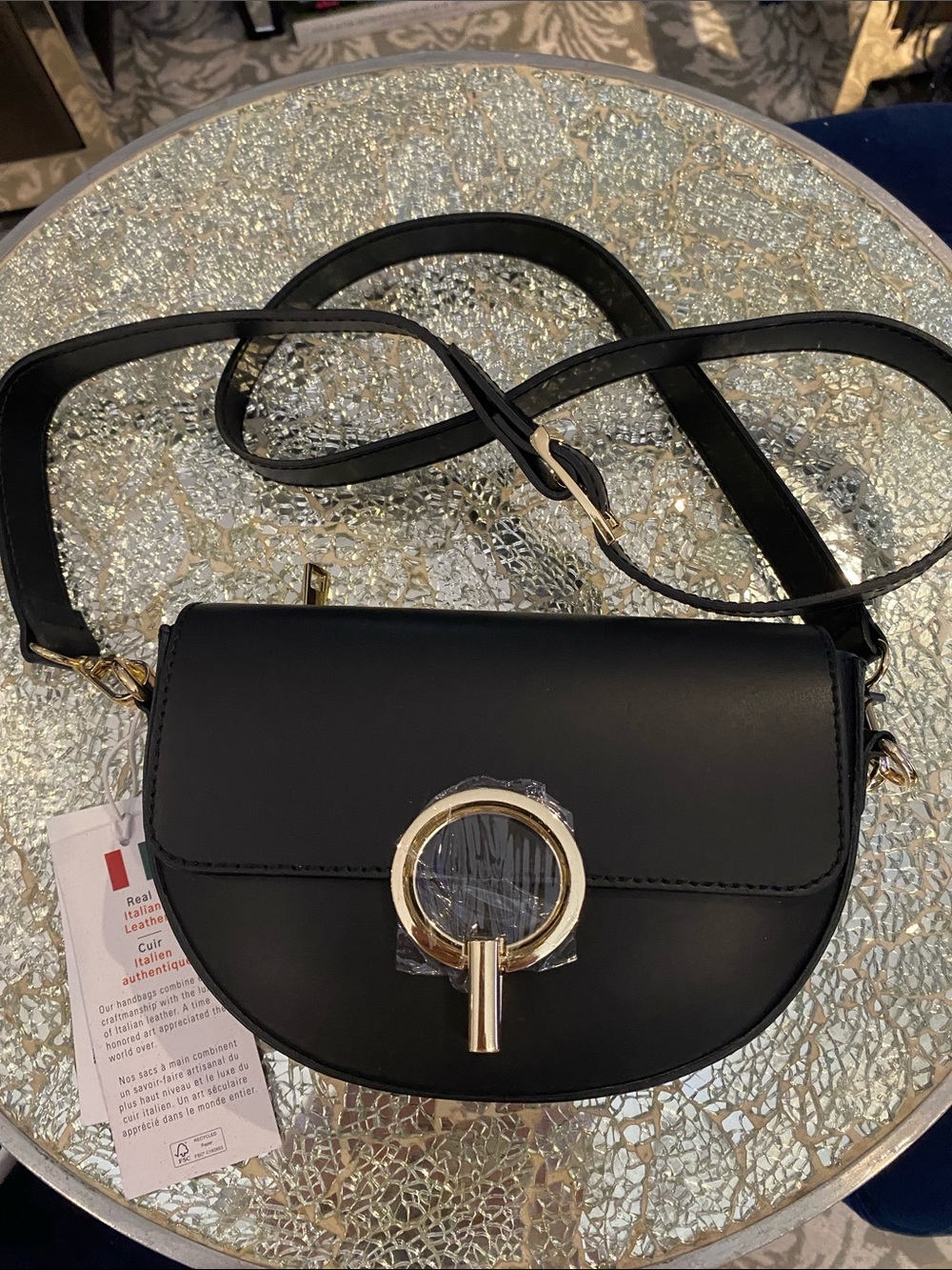 Cheval Italian Black Leather Crossbody Bag with Gold Hardware